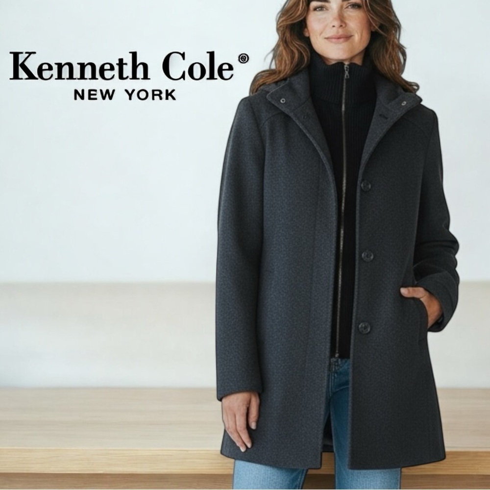 Kenneth Cole New York Black Wool Blend Coat Zip-In Sweater Side Pockets